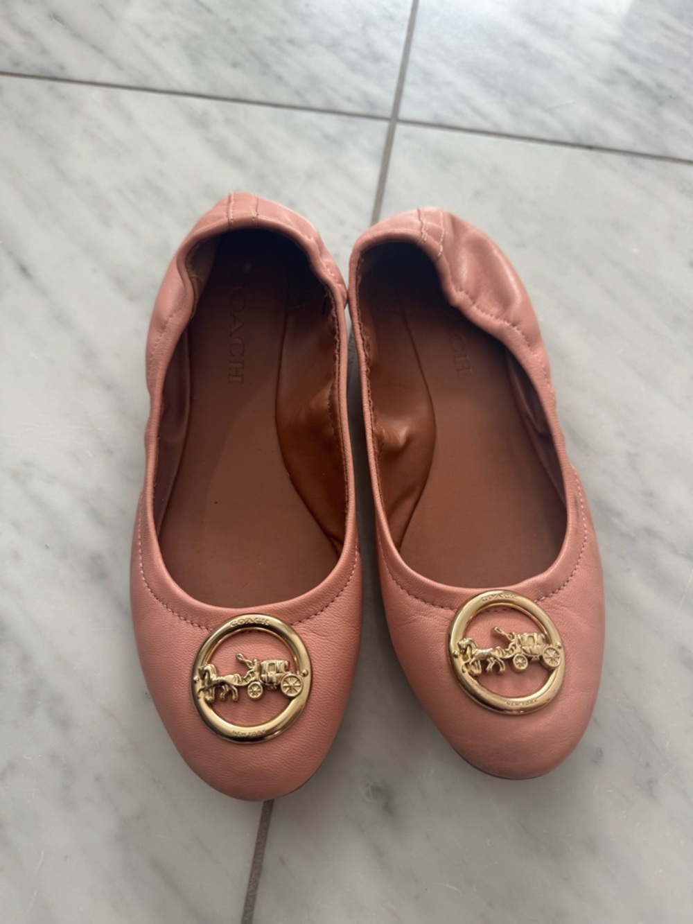 Coach Pink Leather Logo Ballet Flats with Gold Horse & Carriage Medallion